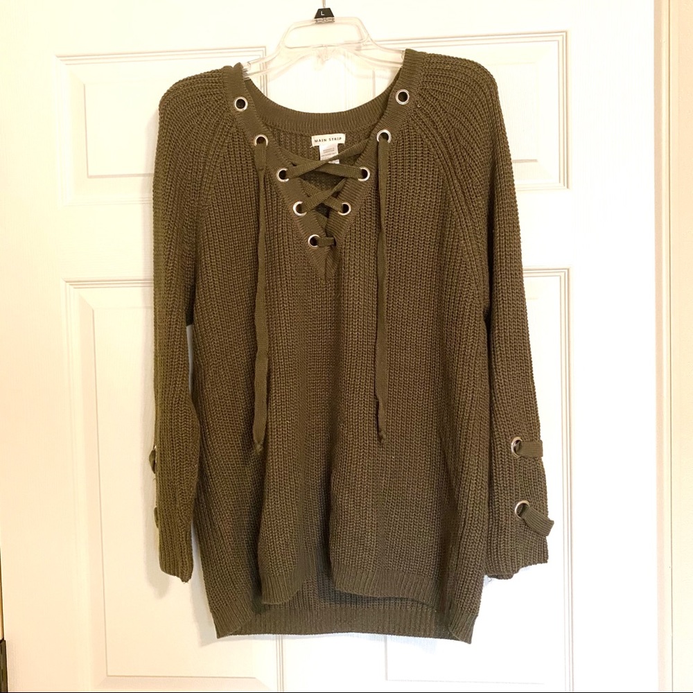 Olive Green Lace-Up Sweater